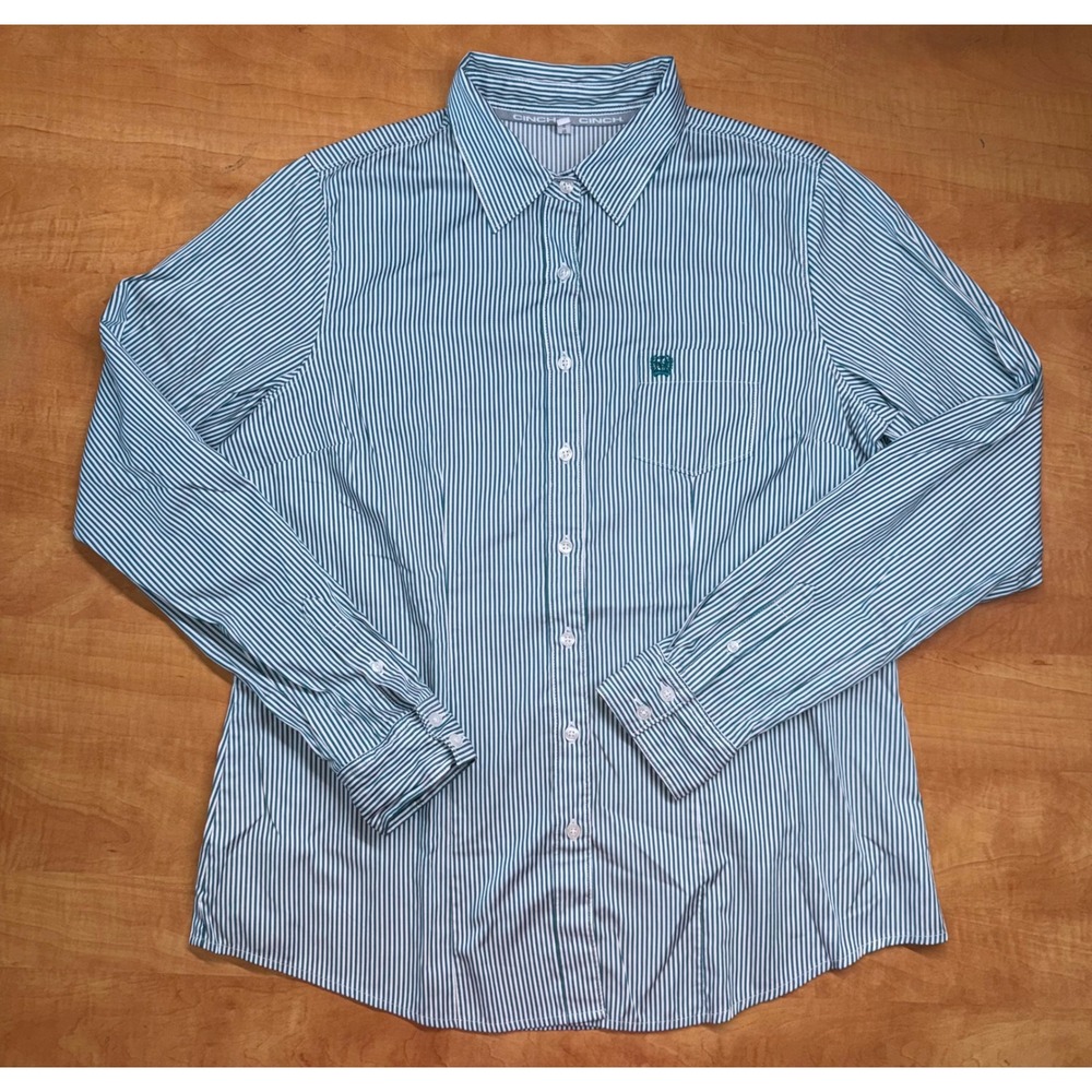 Cinch Womens XL Teal White Striped Western Button Down Shirt